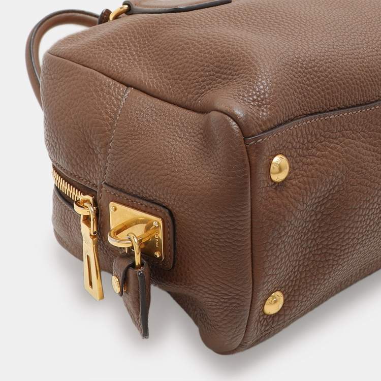 Pre Owned Prada Brown Pebbled Leather Bauletto Satchel