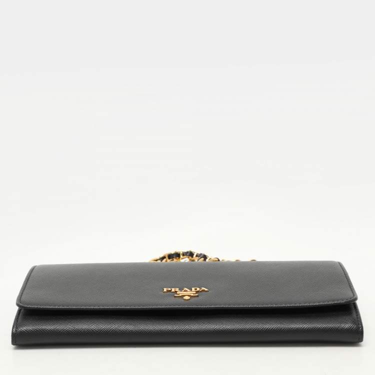 Pre Owned Prada Black Saffiano Lux Leather Oro Chain Wallet On chain
