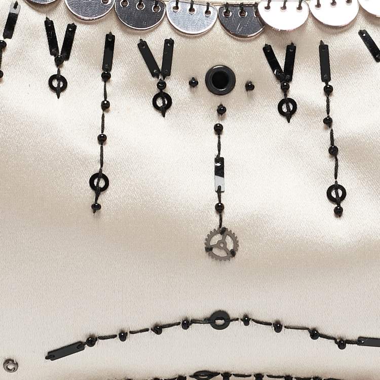 Pre Owned Prada Beige/Black Satin Embellished Baguette Bag