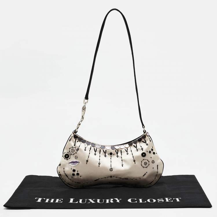 Pre Owned Prada Beige/Black Satin Embellished Baguette Bag