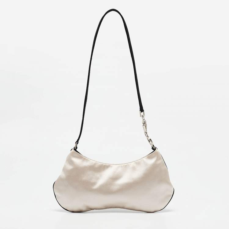 Pre Owned Prada Beige/Black Satin Embellished Baguette Bag