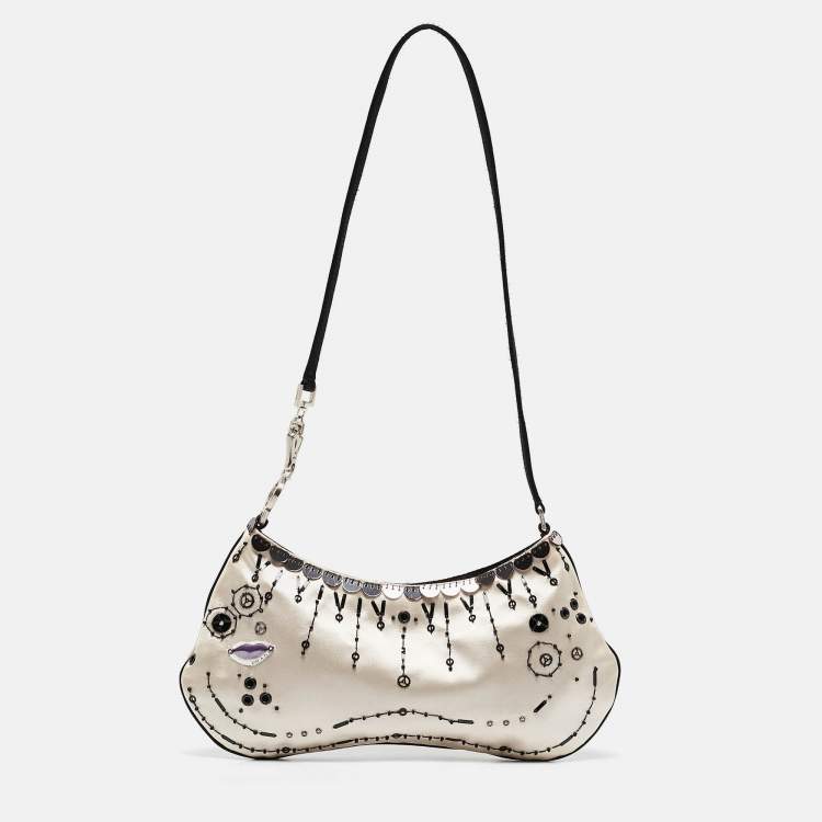 Pre Owned Prada Beige/Black Satin Embellished Baguette Bag