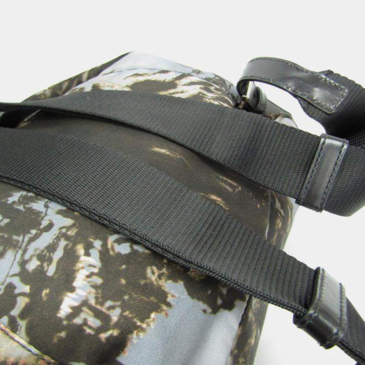 Pre Owned Prada Gray Khaki Brown Nylon Landscape Painting Backpack