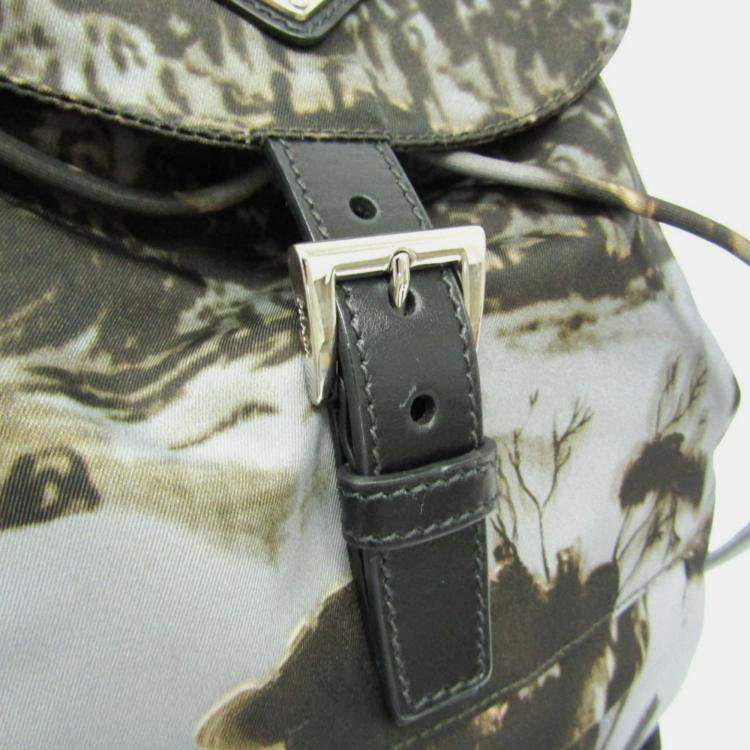 Pre Owned Prada Gray Khaki Brown Nylon Landscape Painting Backpack