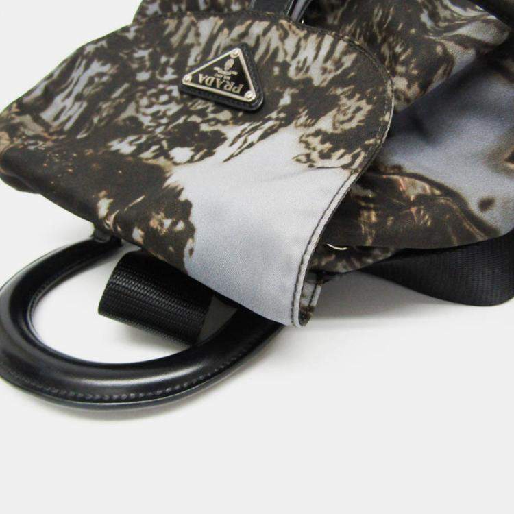 Pre Owned Prada Gray Khaki Brown Nylon Landscape Painting Backpack