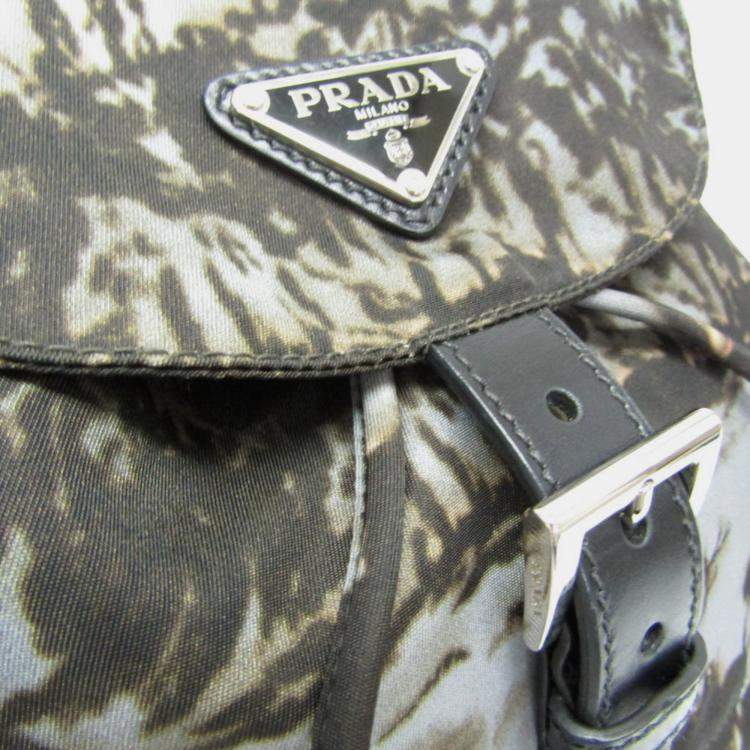 Pre Owned Prada Gray Khaki Brown Nylon Landscape Painting Backpack
