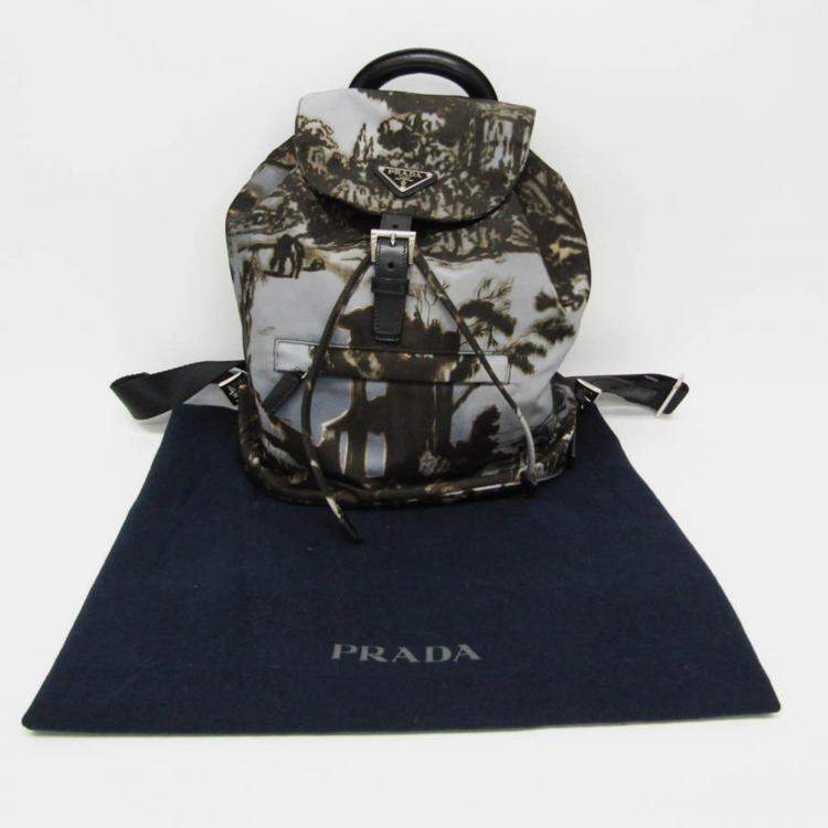 Pre Owned Prada Gray Khaki Brown Nylon Landscape Painting Backpack