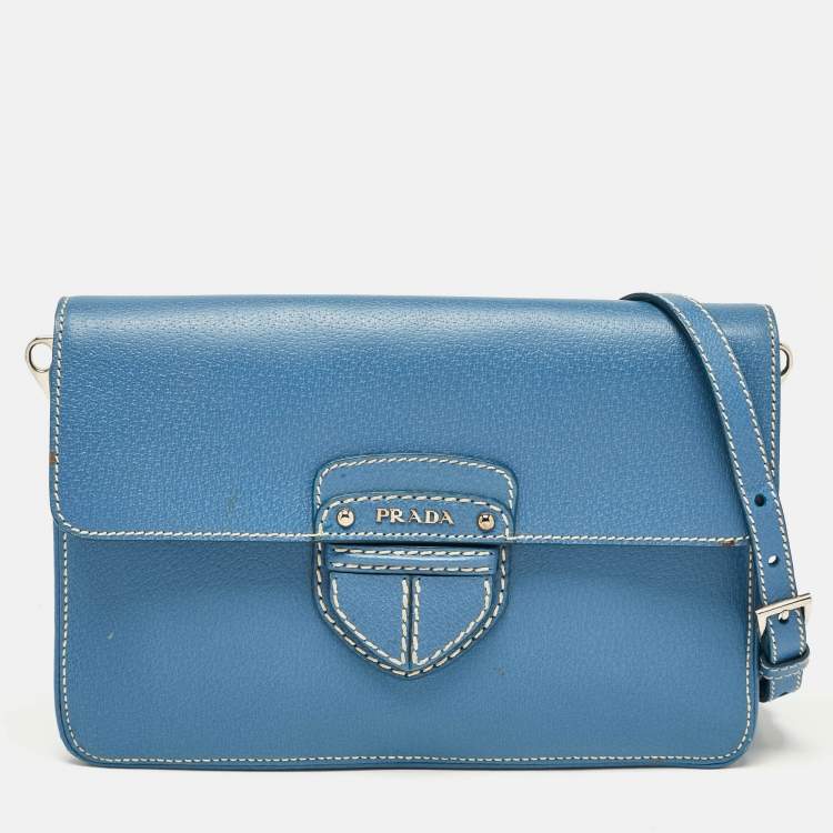 Pre Owned Prada Blue Cinghiale Leather Flap Shoulder Bag