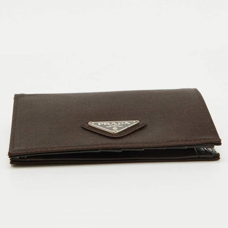 Pre Owned Prada Dark Brown Satin Triangle Logo Compact Bifold Wallet