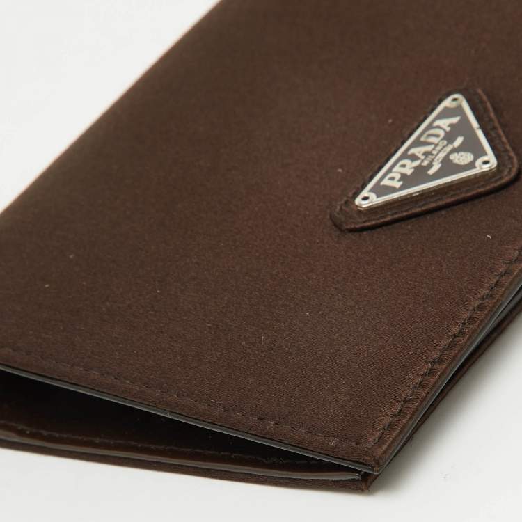 Pre Owned Prada Dark Brown Satin Triangle Logo Compact Bifold Wallet