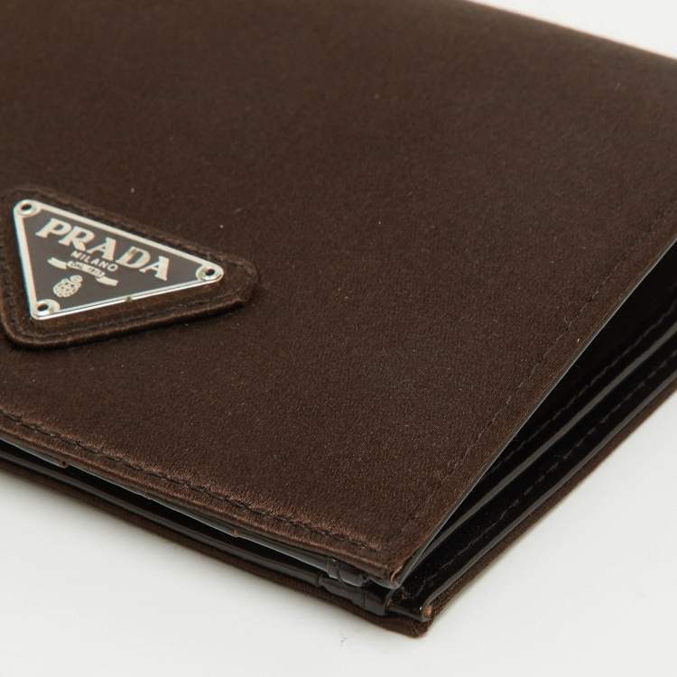 Pre Owned Prada Dark Brown Satin Triangle Logo Compact Bifold Wallet