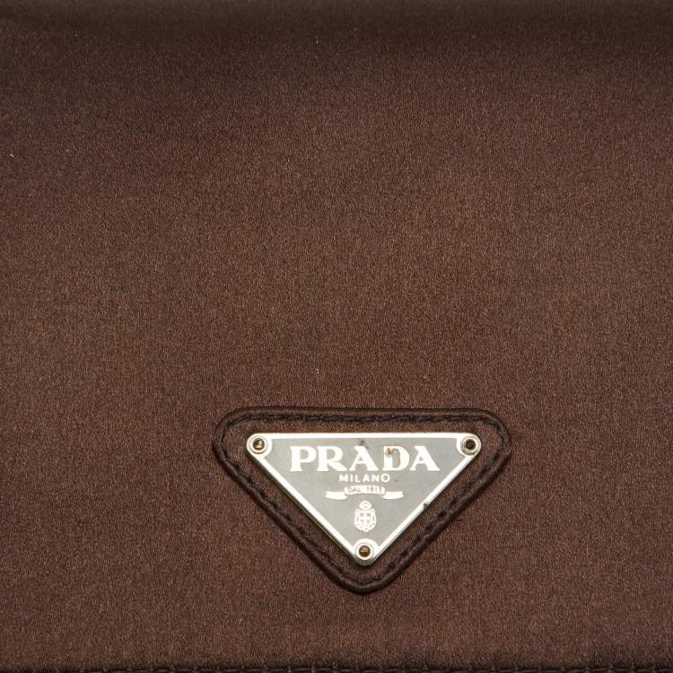 Pre Owned Prada Dark Brown Satin Triangle Logo Compact Bifold Wallet