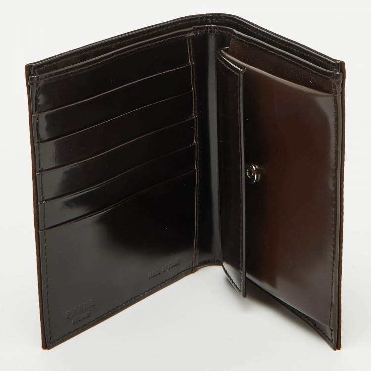 Pre Owned Prada Dark Brown Satin Triangle Logo Compact Bifold Wallet