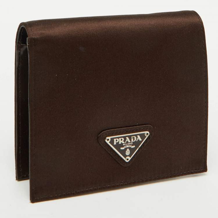 Pre Owned Prada Dark Brown Satin Triangle Logo Compact Bifold Wallet