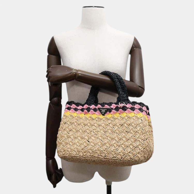 Pre Owned Prada Beige/Black Raffia Canapa handbag