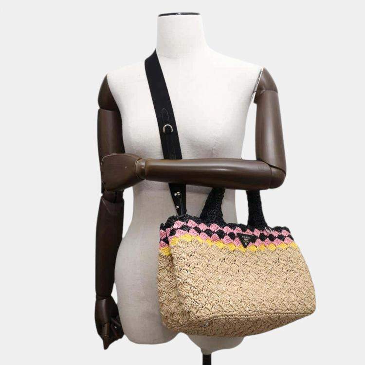 Pre Owned Prada Beige/Black Raffia Canapa handbag