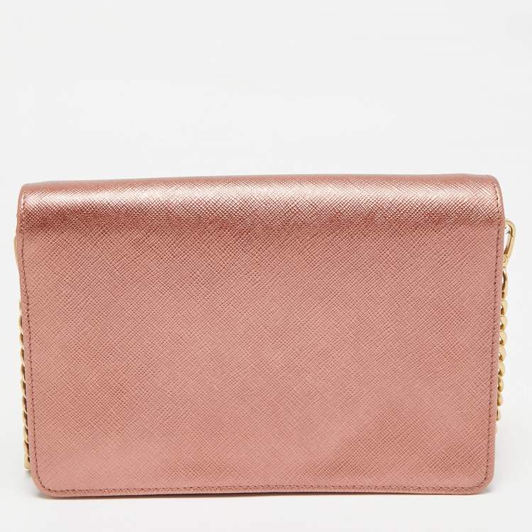 Pre Owned Prada Rose Gold Saffiano Lux Leather Flap Clutch Bag