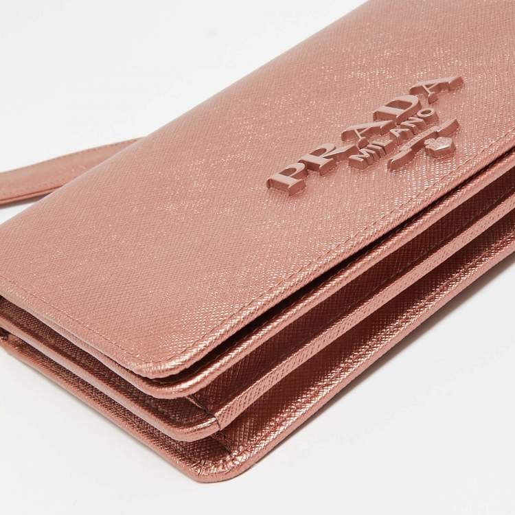 Pre Owned Prada Rose Gold Saffiano Lux Leather Flap Clutch Bag