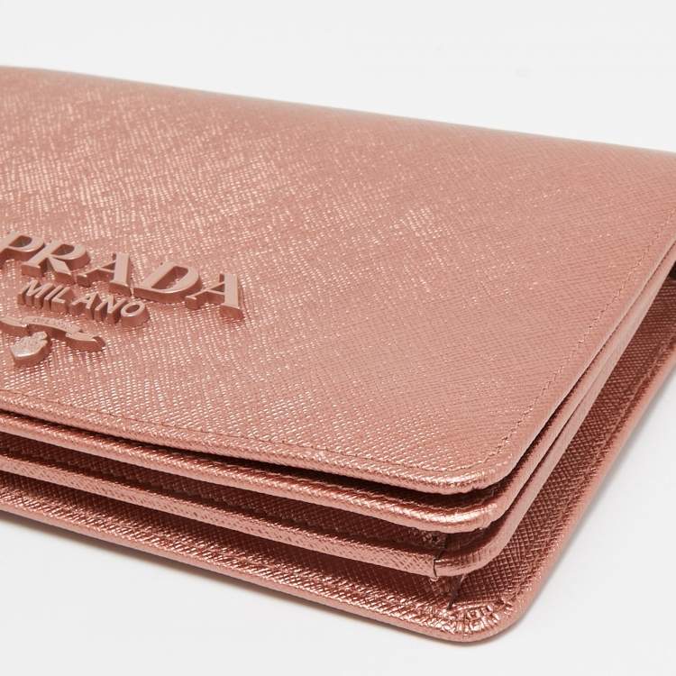 Pre Owned Prada Rose Gold Saffiano Lux Leather Flap Clutch Bag
