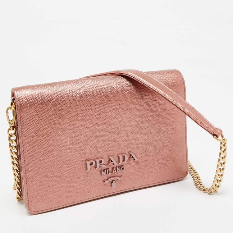 Pre Owned Prada Rose Gold Saffiano Lux Leather Flap Clutch Bag