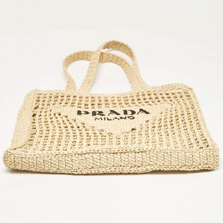Pre Owned Prada Natural Straw Crochet Logo Vertical Tote