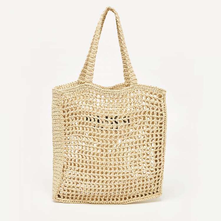 Pre Owned Prada Natural Straw Crochet Logo Vertical Tote