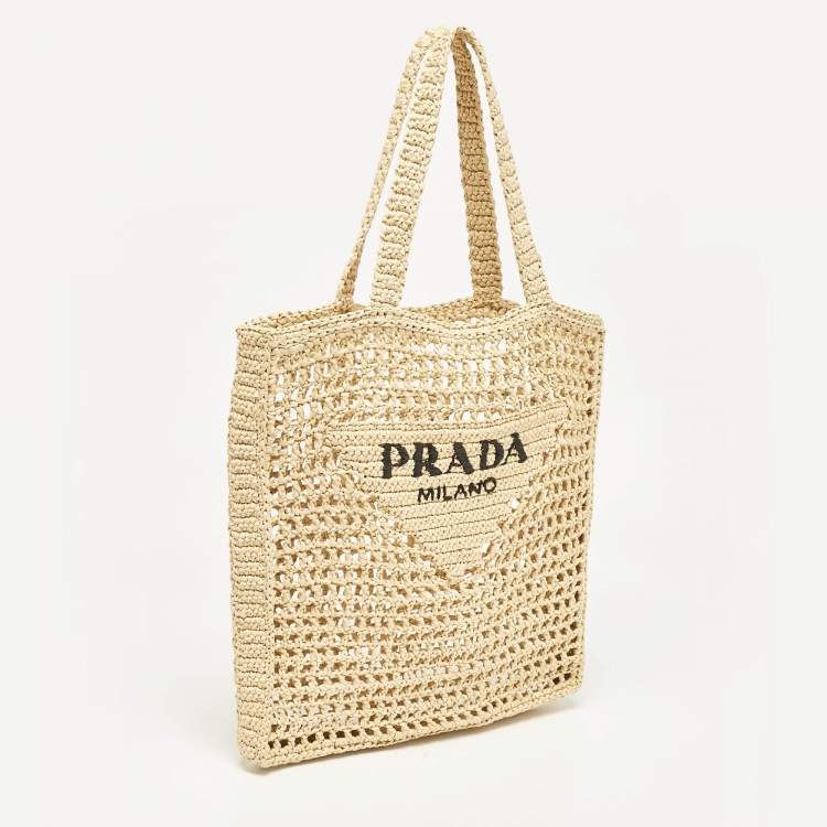 Pre Owned Prada Natural Straw Crochet Logo Vertical Tote