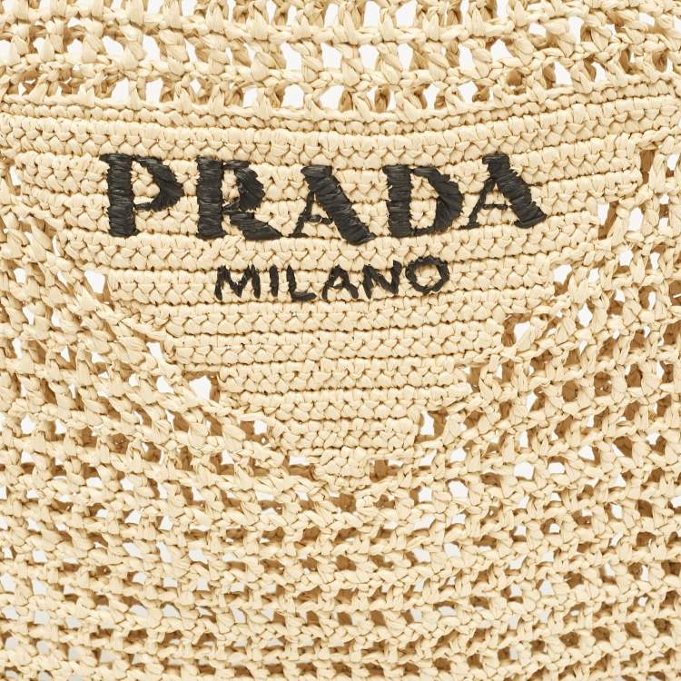 Pre Owned Prada Natural Straw Crochet Logo Vertical Tote