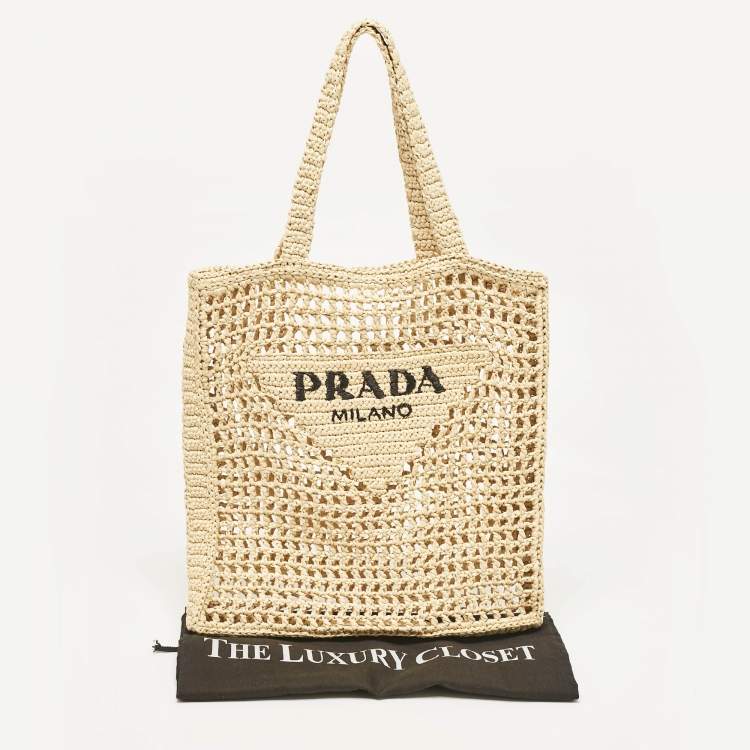 Pre Owned Prada Natural Straw Crochet Logo Vertical Tote