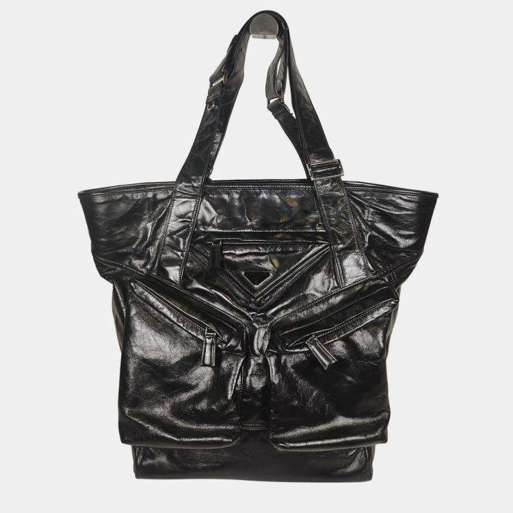 Pre Owned Prada Black Leather Triangle Logo Tote Bag