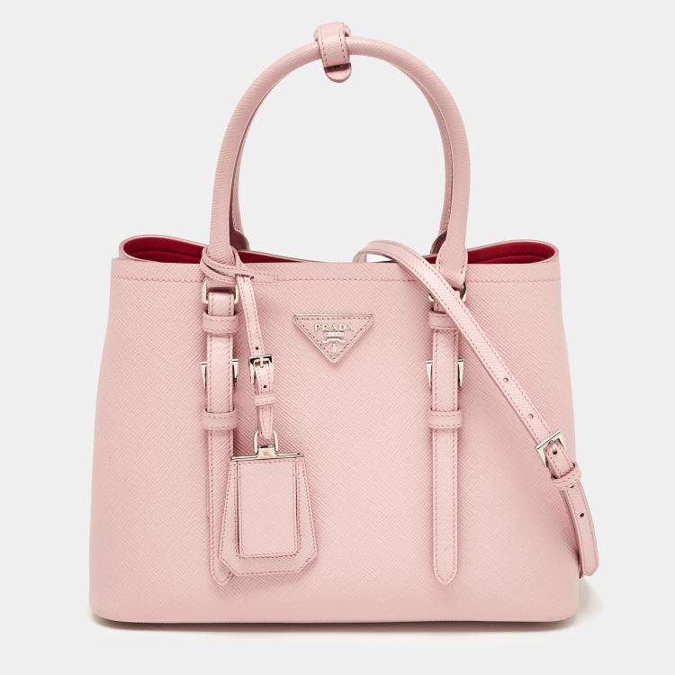 Pre Owned Prada Pink Saffiano Cuir Leather Small Double Handle Tote