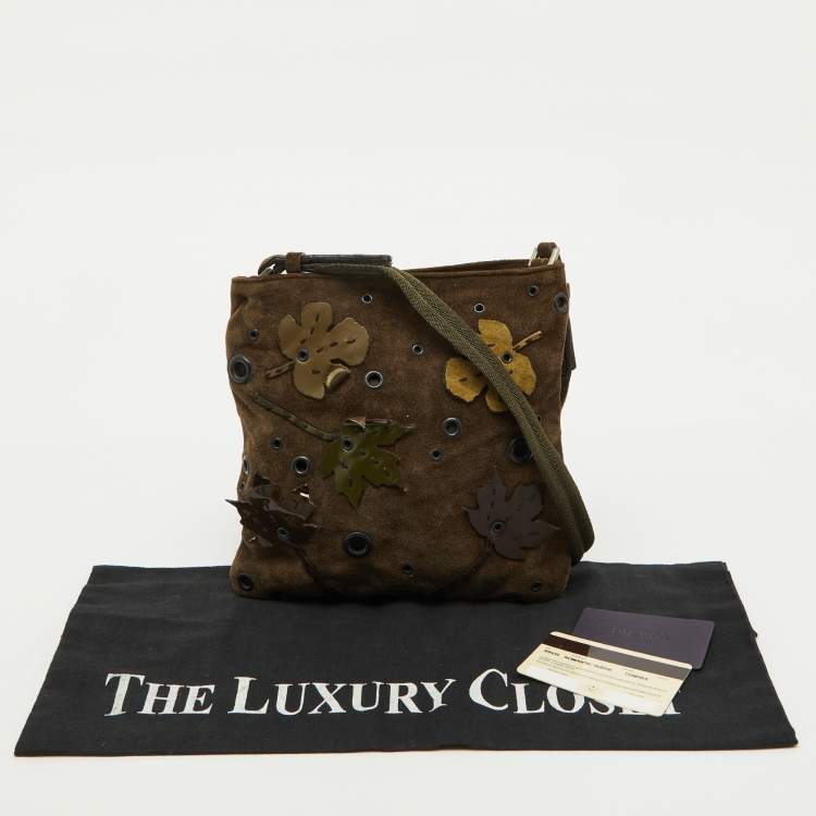 Pre Owned Prada Olive Green Suede Vintage Romantic Leaves Crossbody Bag
