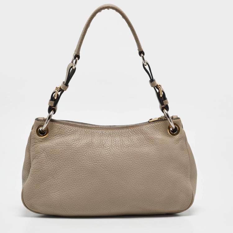 Pre Owned Prada Grey Vitello Daino Leather Logo Hobo