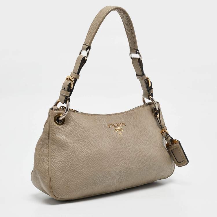 Pre Owned Prada Grey Vitello Daino Leather Logo Hobo