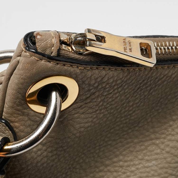 Pre Owned Prada Grey Vitello Daino Leather Logo Hobo