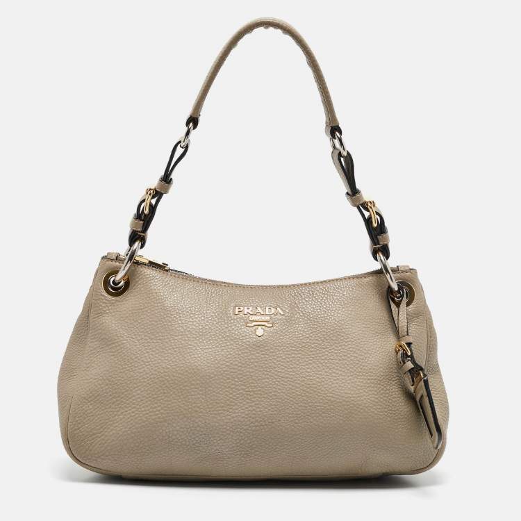 Pre Owned Prada Grey Vitello Daino Leather Logo Hobo