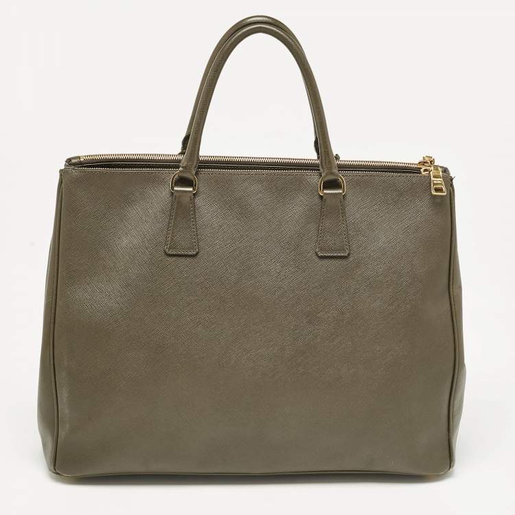 Pre Owned Prada Olive Green Saffiano Leather Extra Large Double Zip Tote