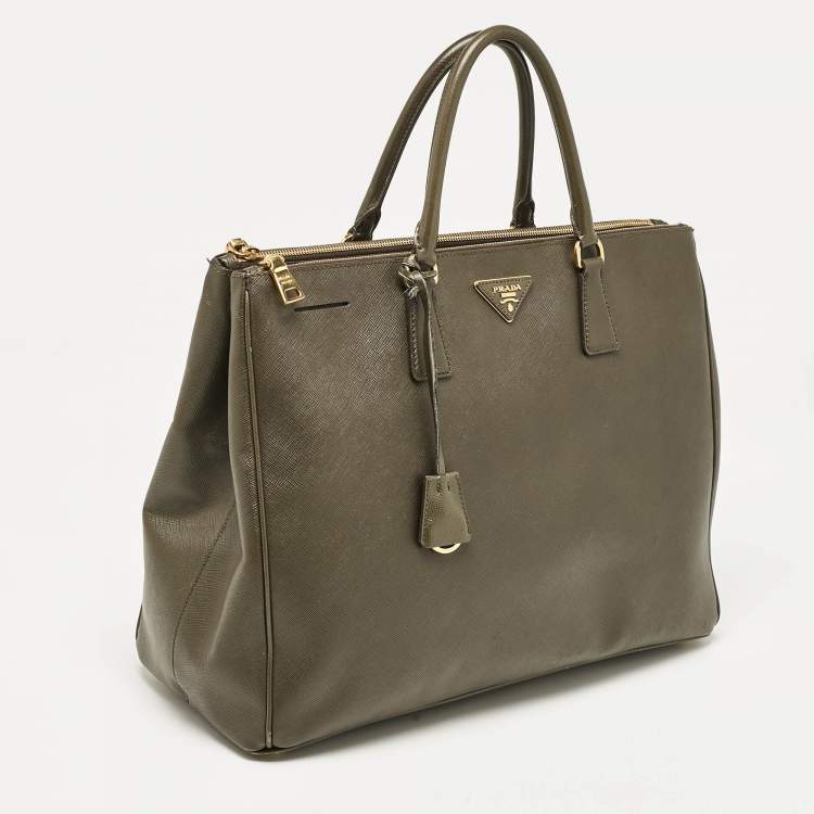 Pre Owned Prada Olive Green Saffiano Leather Extra Large Double Zip Tote