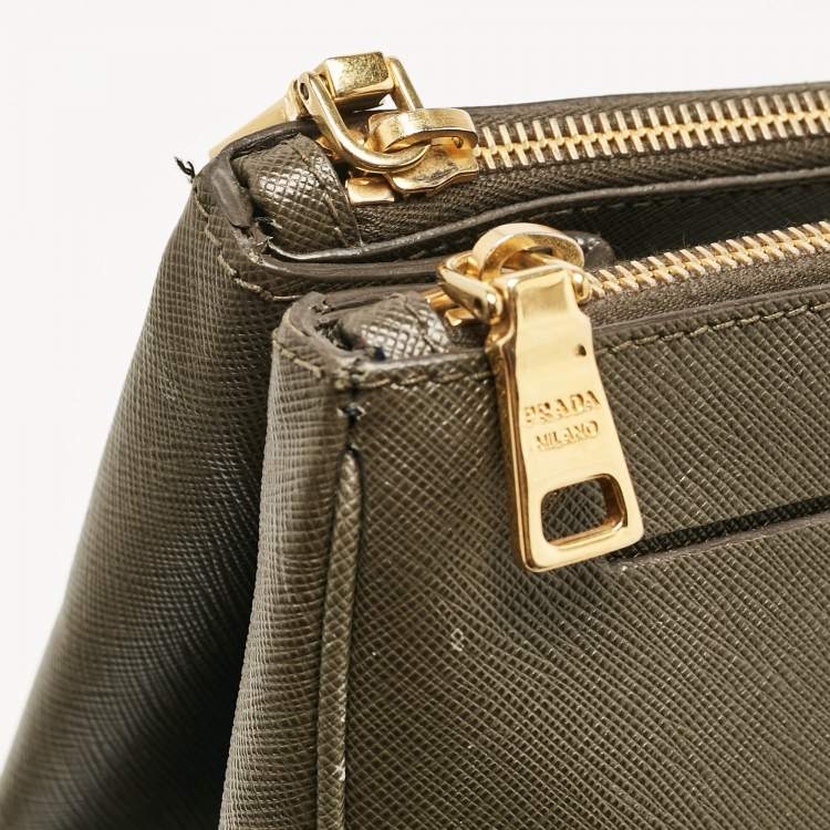 Pre Owned Prada Olive Green Saffiano Leather Extra Large Double Zip Tote
