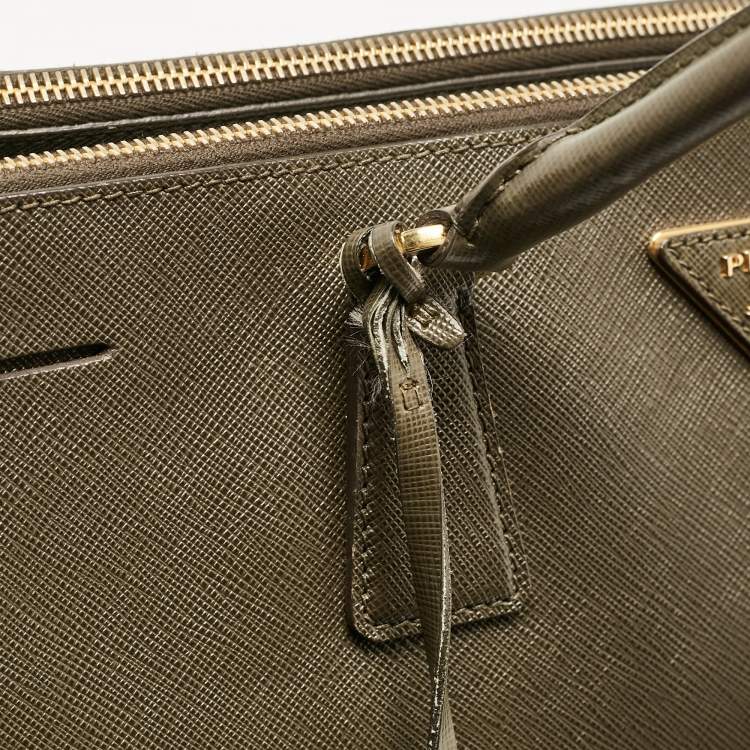 Pre Owned Prada Olive Green Saffiano Leather Extra Large Double Zip Tote