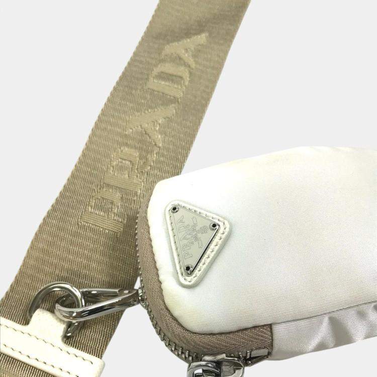Pre Owned Prada Triangle Logo Triangle Logo Plate Chain With Crossbody Pouch Shoulder Bag White Beige
