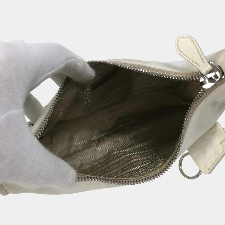 Pre Owned Prada Triangle Logo Triangle Logo Plate Chain With Crossbody Pouch Shoulder Bag White Beige