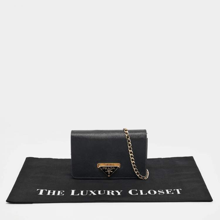 Pre Owned Prada Black Saffiano Leather Wallet on Chain