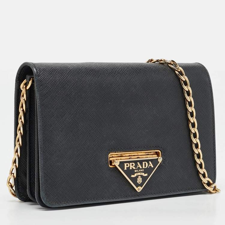 Pre Owned Prada Black Saffiano Leather Wallet on Chain