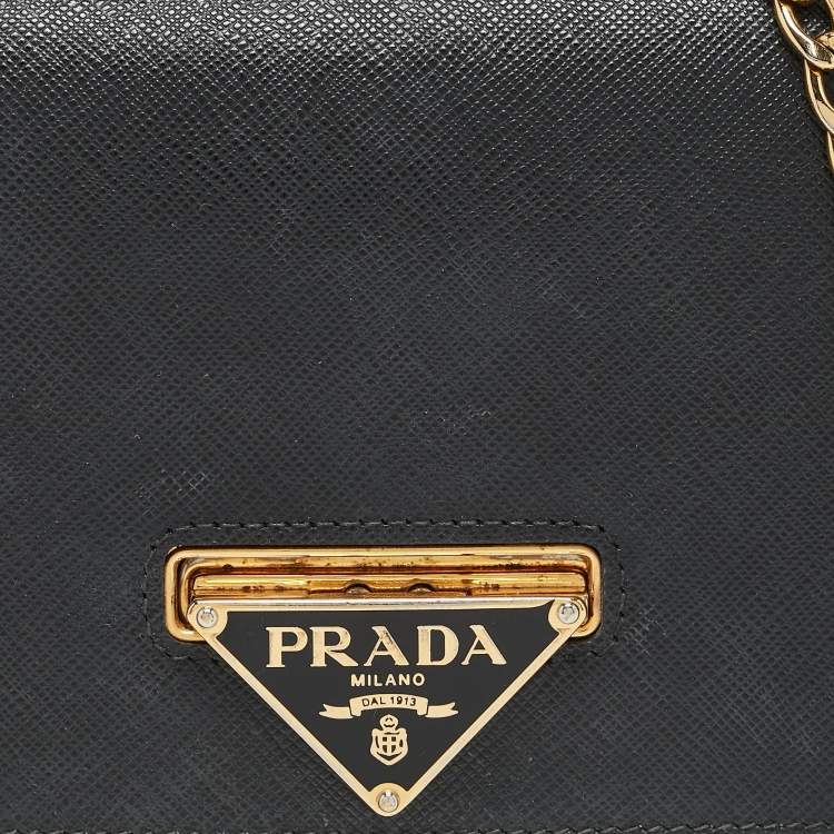 Pre Owned Prada Black Saffiano Leather Wallet on Chain