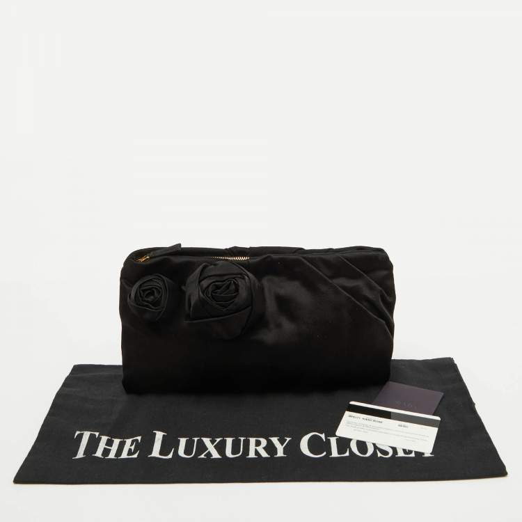 Pre Owned Prada Black Satin Raso Rose Zip Pouch Clutch