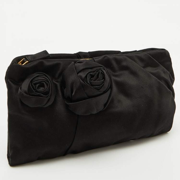 Pre Owned Prada Black Satin Raso Rose Zip Pouch Clutch