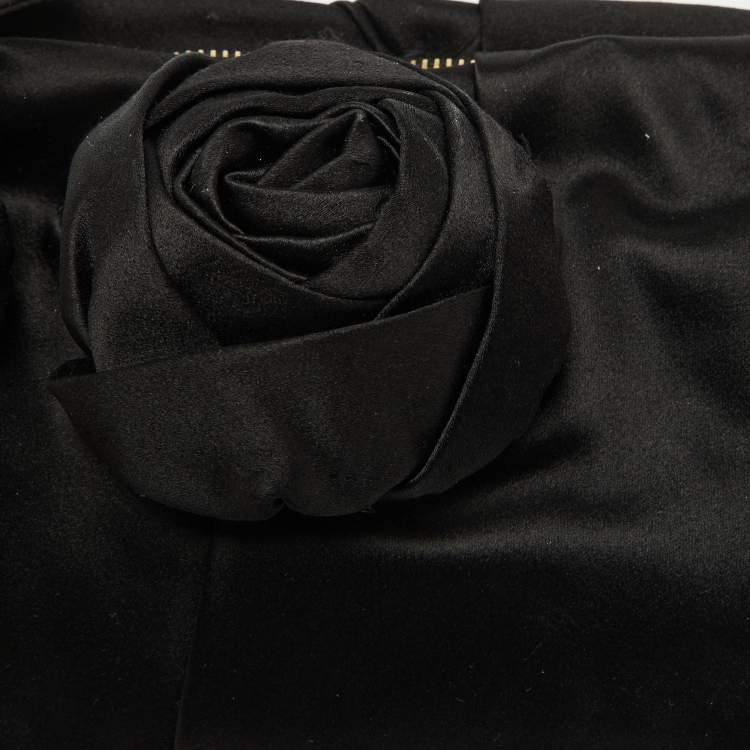 Pre Owned Prada Black Satin Raso Rose Zip Pouch Clutch