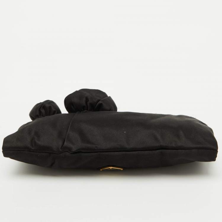 Pre Owned Prada Black Satin Raso Rose Zip Pouch Clutch