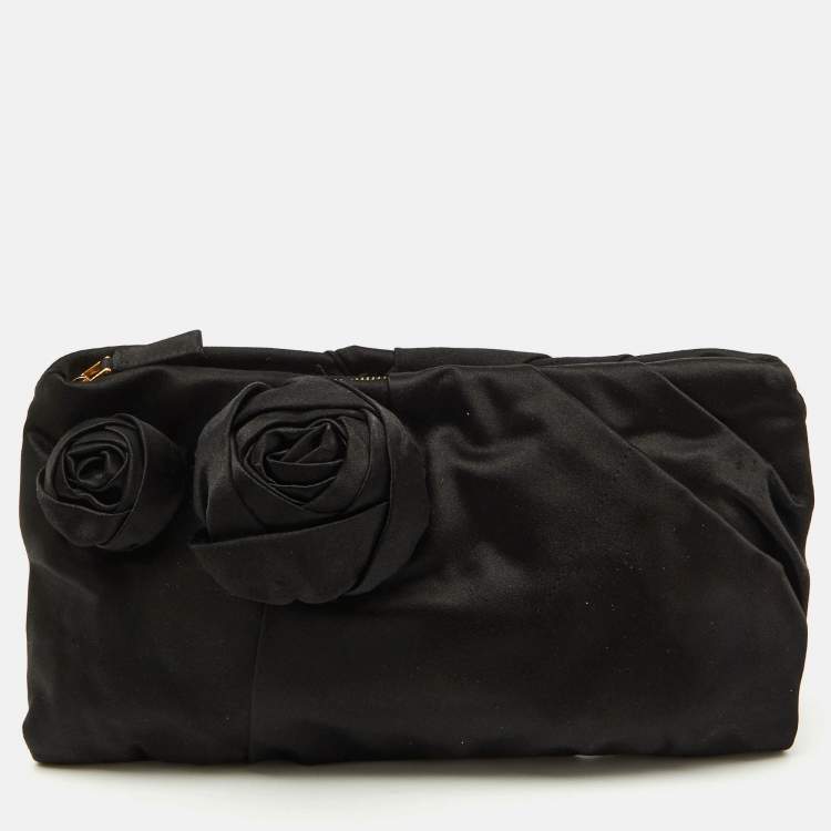 Pre Owned Prada Black Satin Raso Rose Zip Pouch Clutch